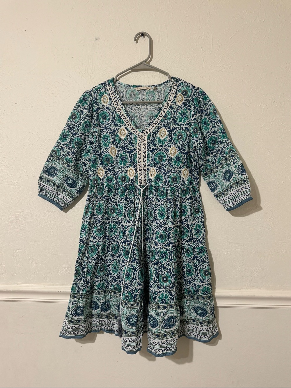 Soft Surroundings Teal Blue Beach Nerissa Embroidered Tie-Waist midi dress